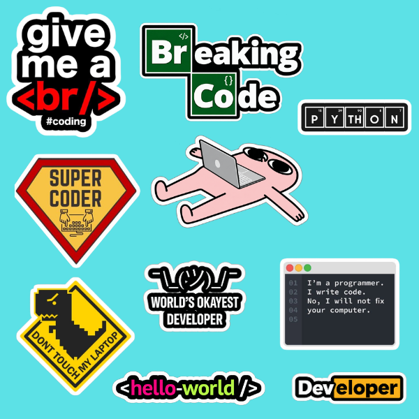 Coding and programmer themed mini sticker sheet with developer quotes and laptop designs